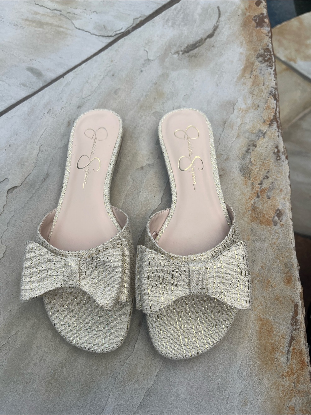 Jessica Simpson Champagne Glitter Bow Slide Mules